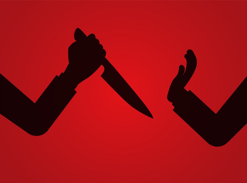 stabbing with a knife, assault. Illustration. Black silhouette on rad background