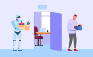 Robot replace employee. Android takeover job of fired worker, machine replacement human workplace, future technology automation work artificial intelligence vector illustration.