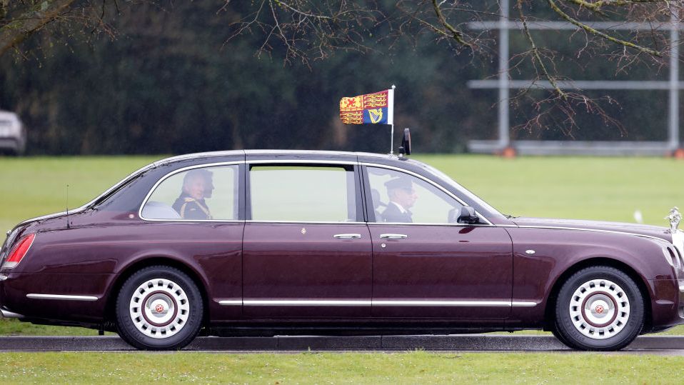 camberley, united kingdom april 14 embargoed for publication in uk newspapers until 24 hours after create date and time king charles iii arrives in his bentley state limousine to inspect the 200th sovereigns parade at the royal military academy sandhurst on april 14, 2023 in camberley, england the sovereigns parade, first held in 1948 in the presence of king george vi, marks the culmination of 44 weeks training and the passing out of the 171 officer cadets who have completed the commissioning course it is the first time king charles iii has inspected sovereigns parade at sandhurst since becoming monarch photo by max mumbyindigogetty images