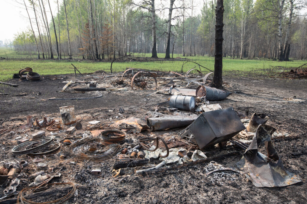 Damaged property from recent wildfires is shown in Drayton Valley, Alta.