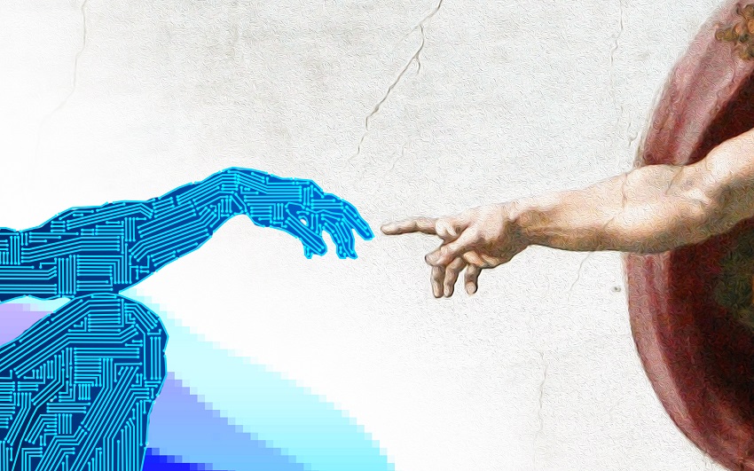 Version of Michelangelo's painting "The Creation of Adam" depicting the development of generative AI and machine learning