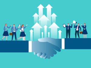 Illustration of a bridge of two shaking hands. Businesspeople cross the bridge on either side and increase their business