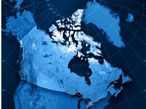 3D render and image composing: Topographic Map of Canada. Including country borders, rivers and accurate longitude/latitude lines.