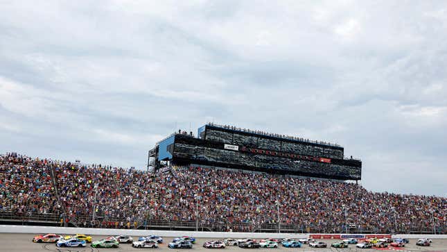 Bubba Wallace, driver of the #23 McDonald's Toyota, leads the field the field to start the NASCAR Cup Series FireKeepers Casino 400 at Michigan International Speedway on August 07, 2022 in Brooklyn, Michigan.