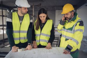 Construction engineers consult by phone with the chief architect about problems at the construction site