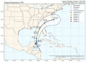 Tropical storm or hurricane Idalia forecast path and wind speed forecast