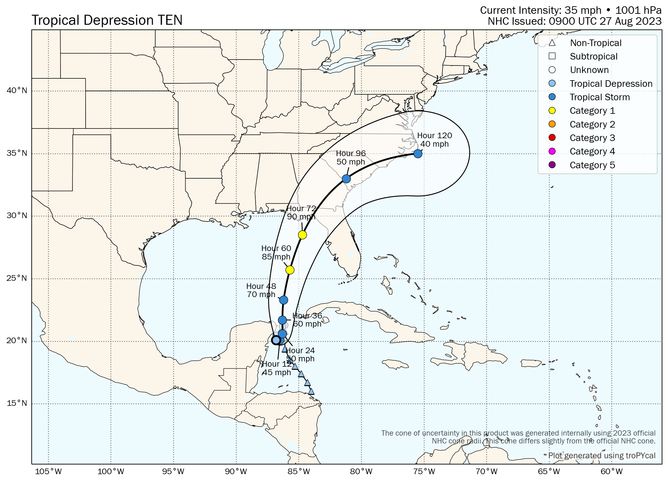 Tropical storm or hurricane Idalia forecast path and wind speed forecast