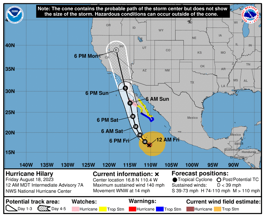 Hurricane Hilary forecast path or track towards California