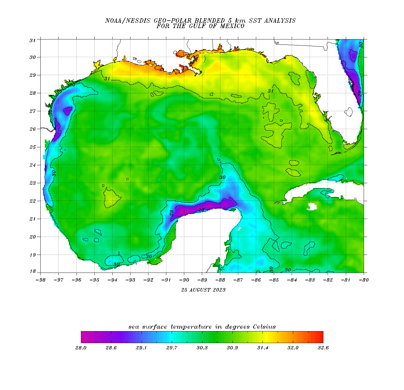 Gulf of Mexico sea surface temperature map - tropical storm or hurricane Idalia