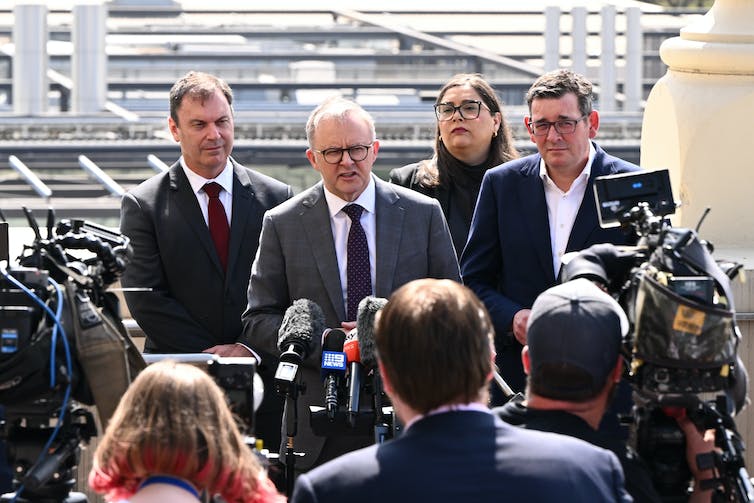 Prime Minister Anthony Albanese and Victorian Premier Daniel Andrews face the media as they make an announcement about housing