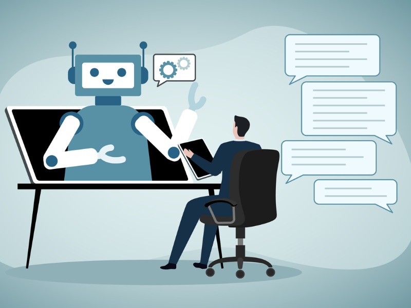 Illustration of a businessman chatting with the AI robot in his computer