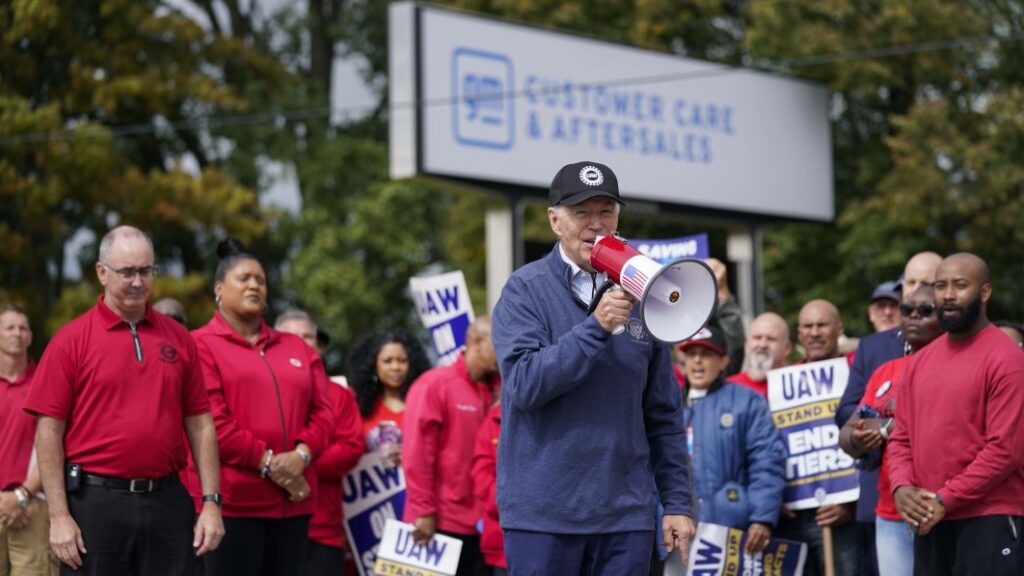 President Biden visits UAW picket line, says workers deserve 40% raise