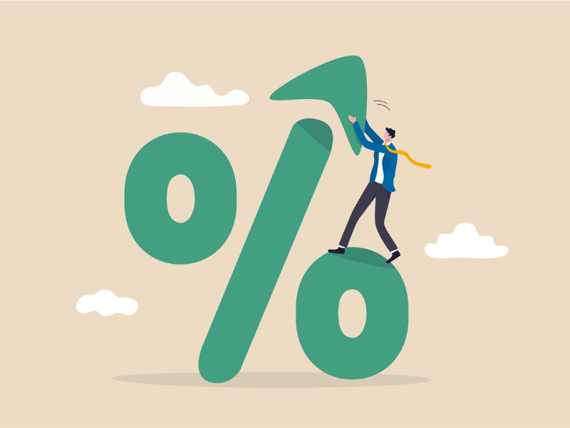 Graphic of man hanging off of a percent sign of increasing premiums