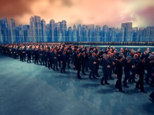 A swarm of business employees being distracted while walking by looking at their phone, against the skyline of a city