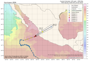 Hurricane Lidia forecast path and tracking map