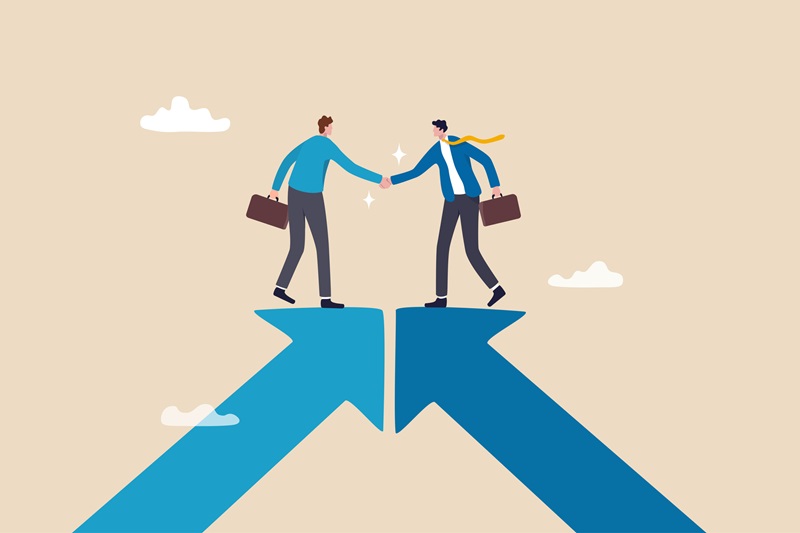 Cooperation partnership, work together for success, team collaboration, agreement or negotiation, collaborate concept, businessmen handshake on growth arrow joining connection agree to work together.