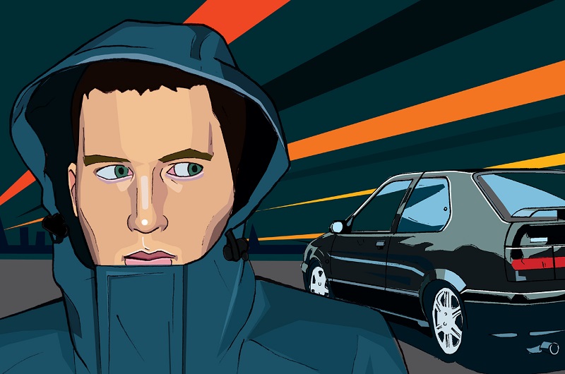 An illustration of a young man with car in the background at night.