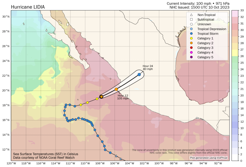 Hurricane Lidia forecast path and tracking map