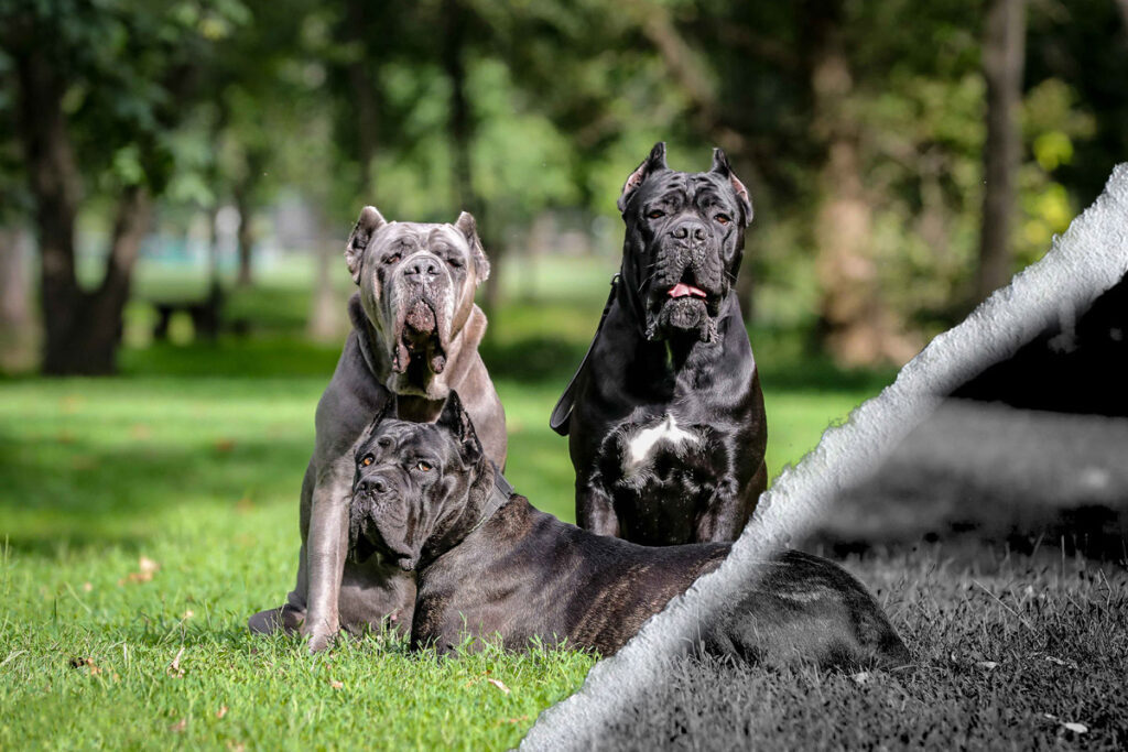 Three dogs in the grass in a park.