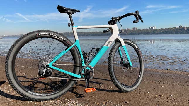 A photo of the BMW gravel bike on sand. 