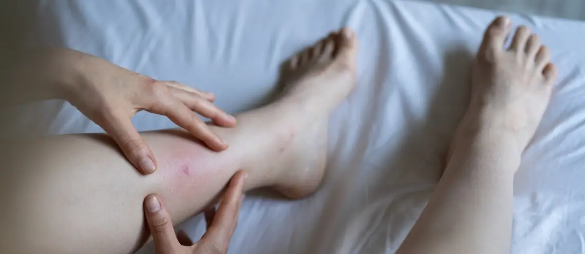 A person sitting on a bed looking at a bed bug bite mark on their left leg