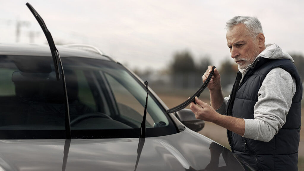 gray-bearded senior man changing windscreen wipers