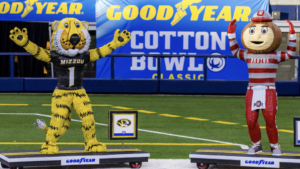 These Cotton Bowl mascots are crafted from car tires