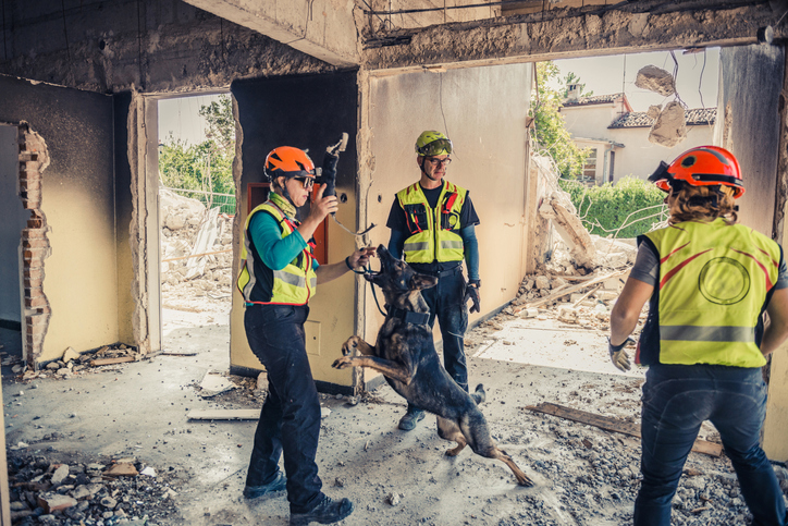 Repair team in a storm damaged building