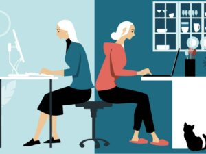 In an illustration, a woman on the left is in business clothes working at an office desktop. On the right, she is in a hoodie working from a laptop in a home office.