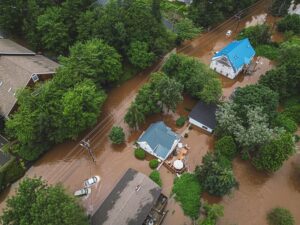 Aerial view of homes flooded by rainfall