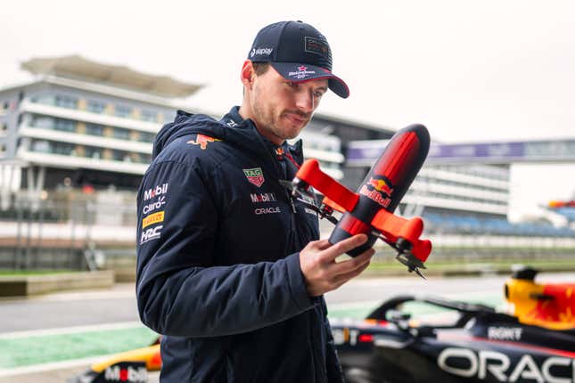 Image for article titled The World&#39;s Fastest Drone Showcased Max Verstappen&#39;s New Red Bull F1 Car