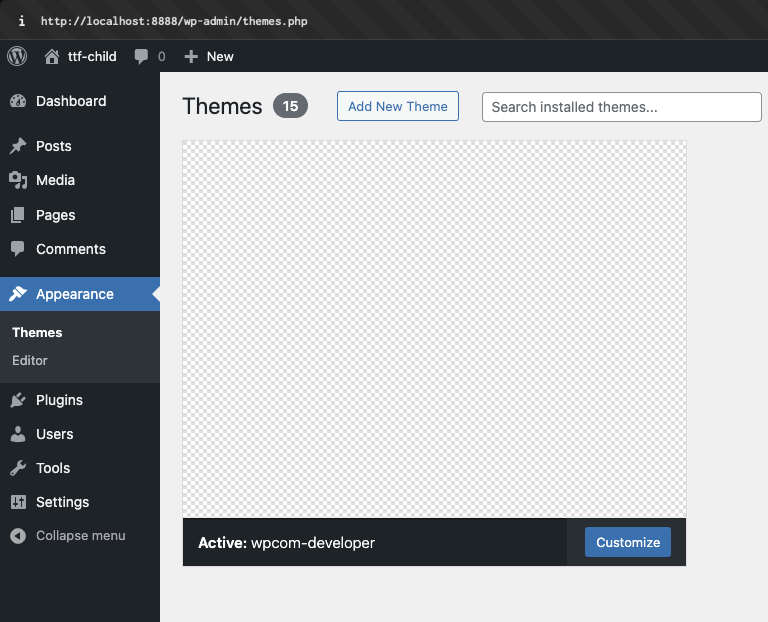 An active wpcom-developer child theme on a local WordPress installation