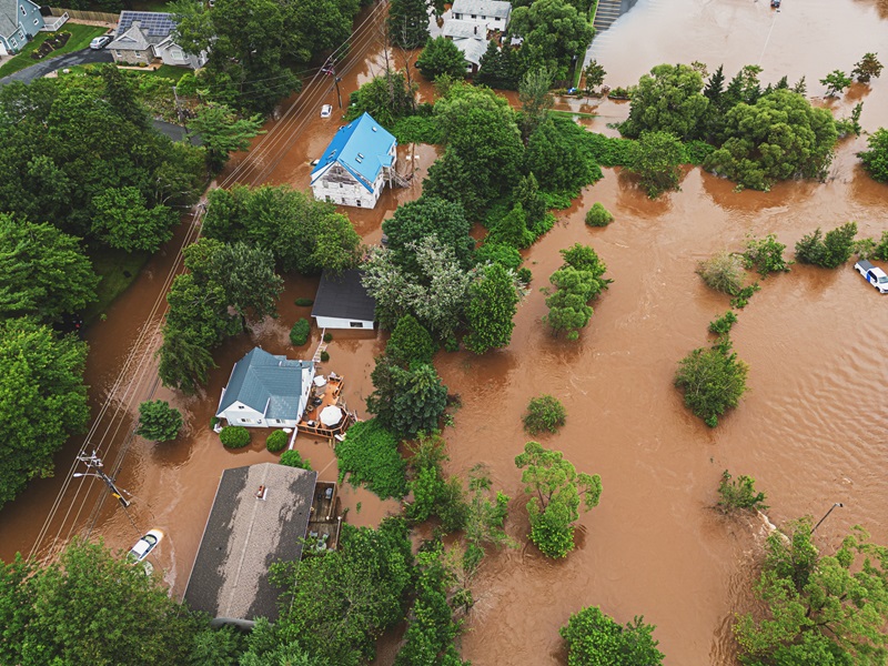 Flooded homes following torrential rainfall