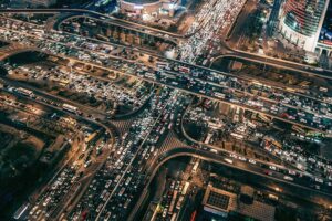 Drone Point View of Busy Traffic at Night