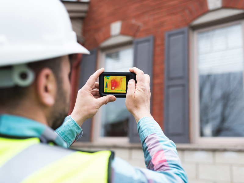 Engineer using thermal camera to inspect home