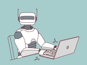 Illustration of a GenAI robot sitting at a desk and typing on a laptop