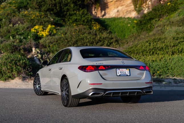 Rear 3/4 view of a grey 2024 Mercedes-Benz E350