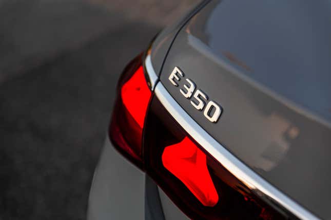 Rear badge of a grey 2024 Mercedes-Benz E350