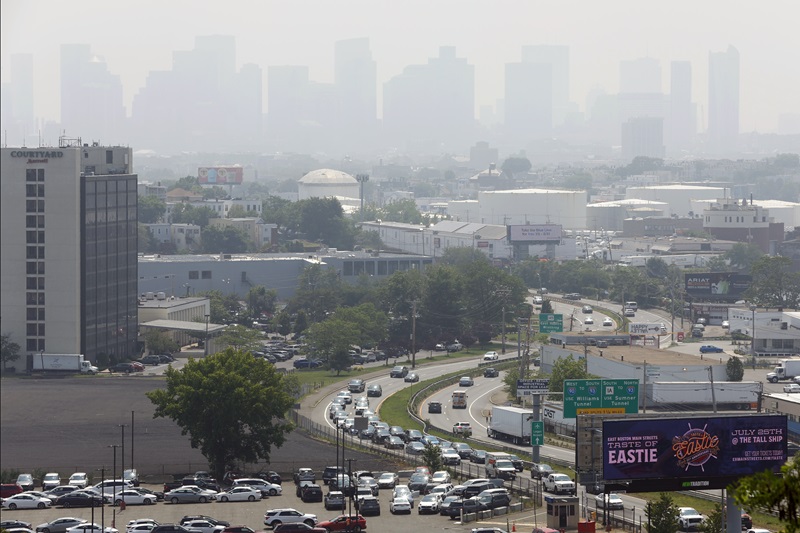 Smoke from Canadian wildfires as seen in Boston on Canada Day 2023.