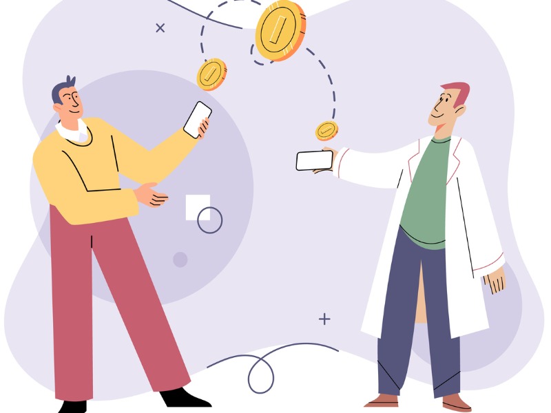 Illustration of a cashless, embedded transaction between a consumers and a businessman. Coins are transferring between the phones the hold in their hands