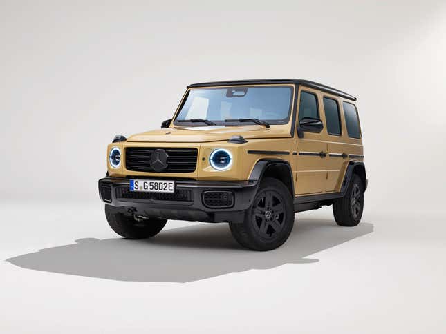 Front 3/4 view of a beige 2025 Mercedes-Benz G580 EV