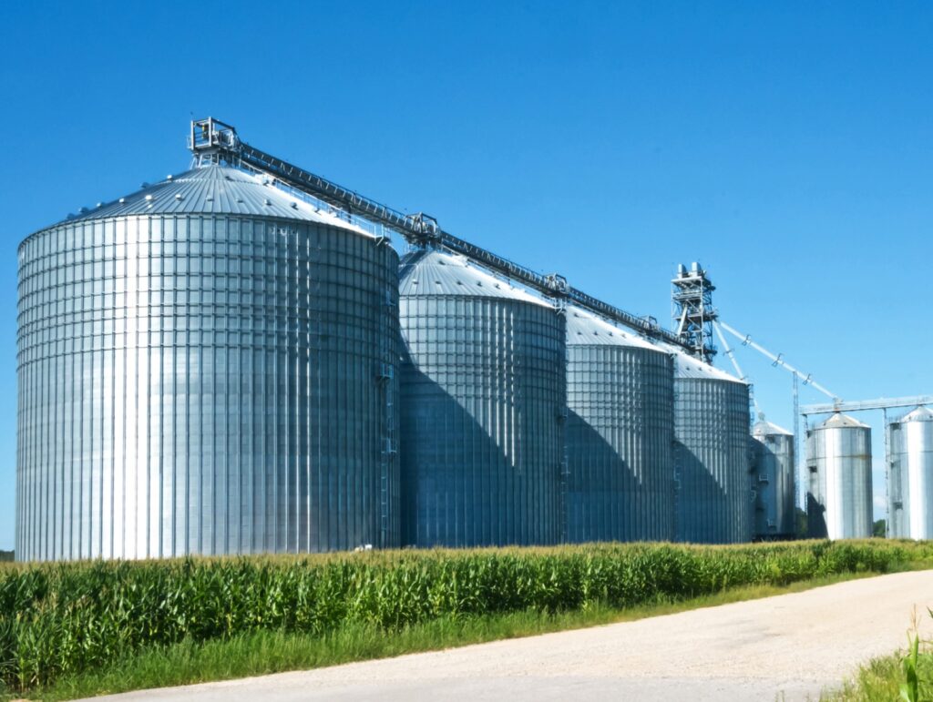 Grain silos on a soybean farm