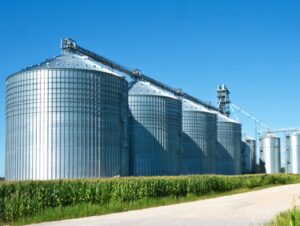 Grain silos on a soybean farm