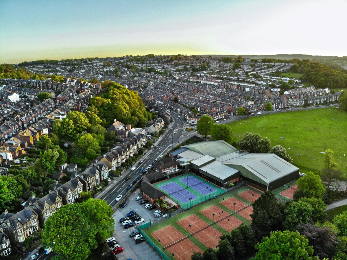 Aerial view of Sheffield with trees and houses