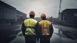 Two workers, rear view, on construction site. Engineers in protective uniforms and helmets at work. Construction of buildings, created with Generative AI Technology