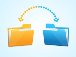 Illustration of documents being transferred from a yellow folder to a blue folder with an arrow indicating the movement.