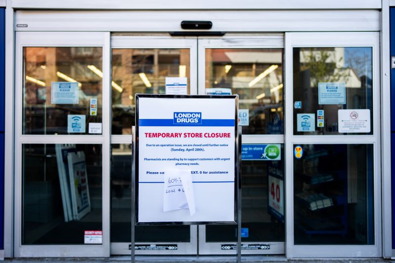 A store closure sign sits outside of the London Drugs Broadway and Vine location in Vancouver. on Monday, April. 29, 2024. London Drugs says it has temporarily closed all of its stores in Western Canada as it grapples with a "cybersecurity incident." THE CANADIAN PRESS/Ethan Cairns