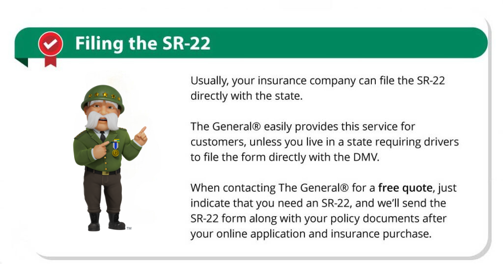 The General easily provides SR-22 filing service for customers, unless you live in a state requiring drivers to file the form directly with the DMV. 