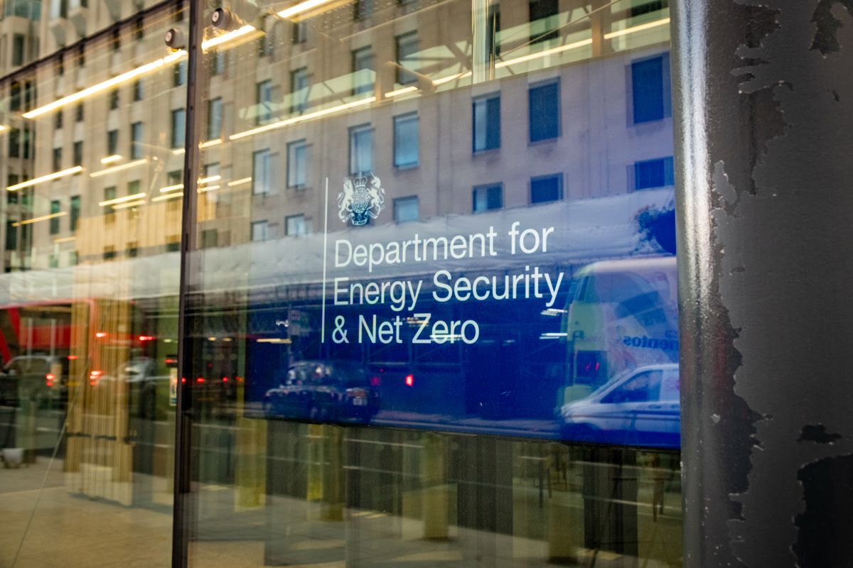 Sign for clean energy government department in London, UK