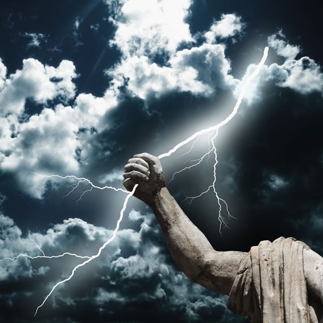 Hand of statue of Zeus holding a lightning bolt